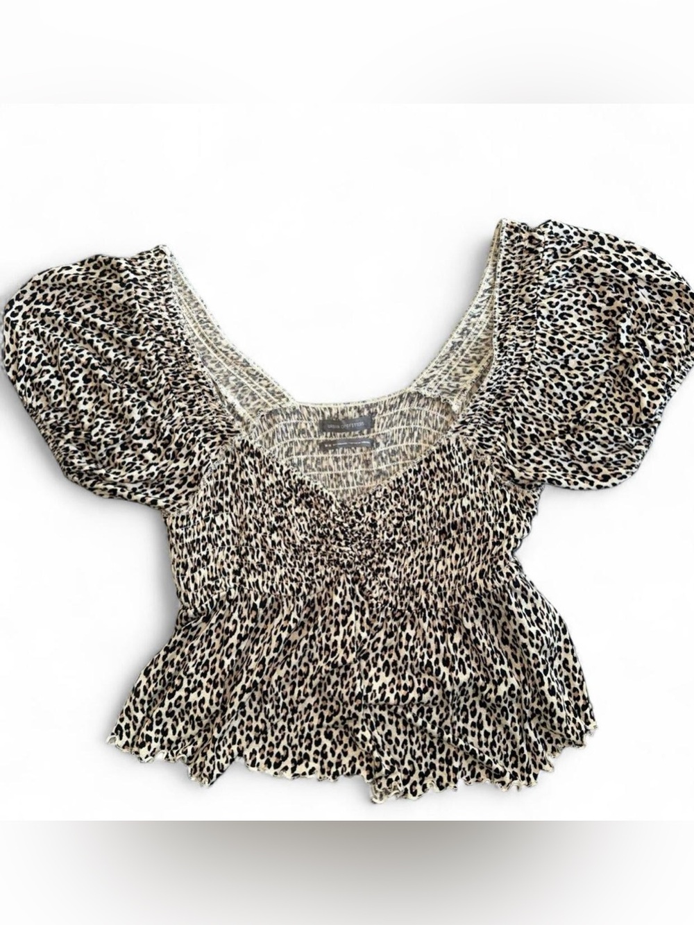 Urban Outfitters Leopard Print Puff Sleeve Peplum Top - Cream, Black, Brown